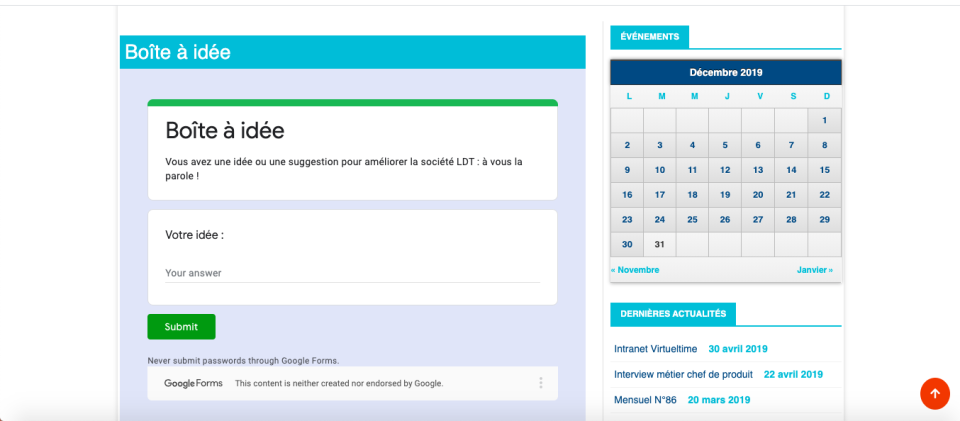 screenshot of Virueltime Intranet